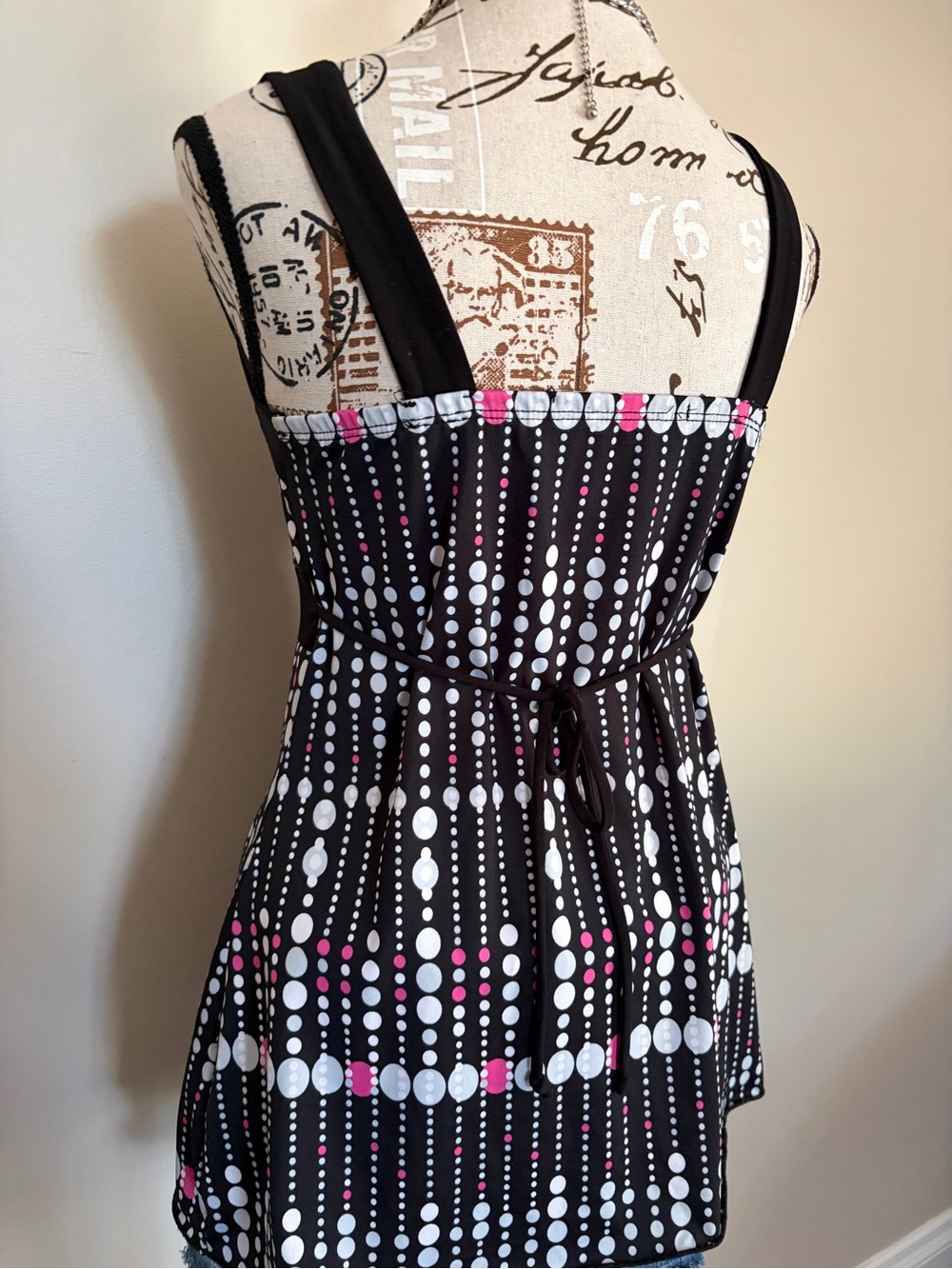 Y2K Black Pink Polka Dot Tie Back Baby Doll Sweetheart Top - Picture 4 of 9